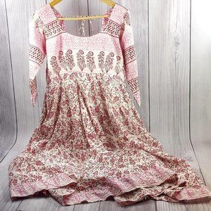 Indian Boho Long Dress Bohemian Ethnic Floral Vintage Sari Maxi Dress Pink White